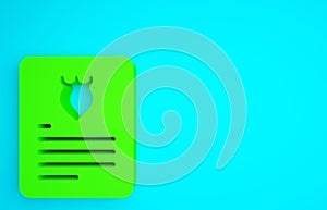 Green The arrest warrant icon isolated on blue background. Warrant, police report, subpoena. Justice concept. Minimalism