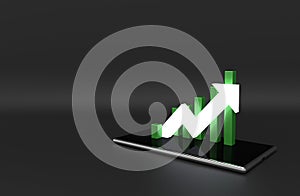 Green arrow and graph on mobile phone. Growing business concept.