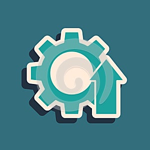 Green Arrow growth gear business icon isolated on green background. Productivity icon. Long shadow style. Vector
