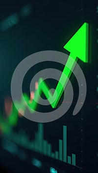 Green arrow pointing up on stock market chart background, uptrend, trading, investment strategy