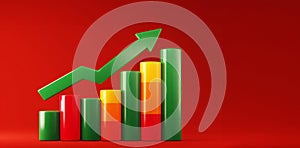 A green arrow is pointing upwards over a series of green and red bars. Concept of growth and progress. 3d icon, single upward