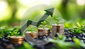 A green arrow is on top of a pile of coins