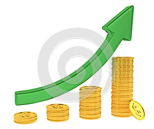 Green arrow up and bar chart diagram of golden dollar coins isolated on white background. 3d rendering. Financial success concept