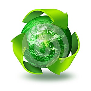 Green arrows around planet Earth Recycling concept 3d symbol