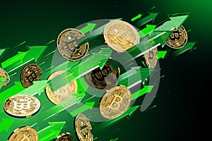 Green arrows points up as Bitcoin BTC price rises. Cryptocurrency prices grow, high risk - high profits concept. 3D rendering