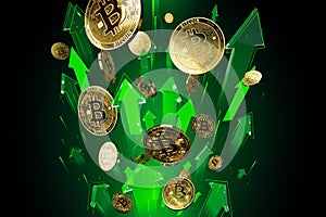 Green arrows shots up with high velocity as Bitcoin BTC price rises. Cryptocurrency prices grow, high risk - high profits