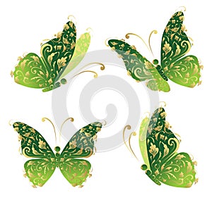 Green art butterfly flying, floral golden ornament