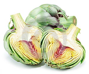 Green artichokes and artichoke heart isolated on white background