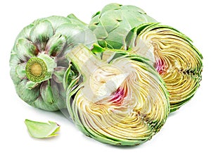 Green artichokes and artichoke hearts isolated on white background