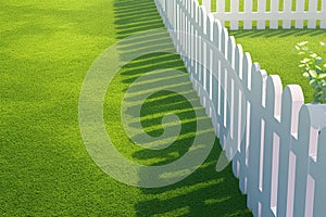 Green artificial turf Wide angle view of white picket fence yard