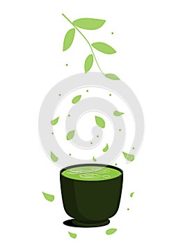 Green Asian matcha tea in a cup. Petals and leaves match. Green healthy fitness tea. On a white background