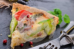 Green asparagi Tart with eggs and tomato