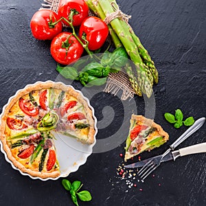 Green asparagi Tart with eggs and tomato