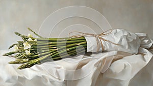 Green Asparagus Bundle on White Fabric