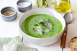 Green asparagus cream soup. Healthy eating. Vegetarian food. Diet