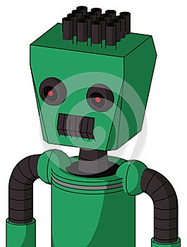 Green Automaton With Box Head And Dark Tooth Mouth And Black Glowing Red Eyes And Pipe Hair