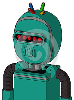 Green Automaton With Bubble Head And Speakers Mouth And Visor Eye And Wire Hair