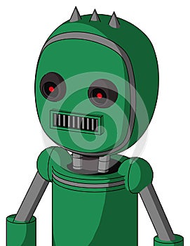Green Automaton With Bubble Head And Square Mouth And Black Glowing Red Eyes And Three Spiked