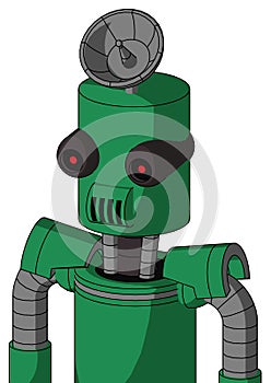 Green Automaton With Cylinder Head And Speakers Mouth And Black Glowing Red Eyes And Radar Dish Hat