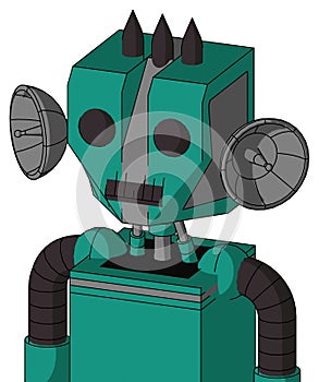 Green Automaton With Mechanical Head And Dark Tooth Mouth And Two Eyes And Three Dark Spikes