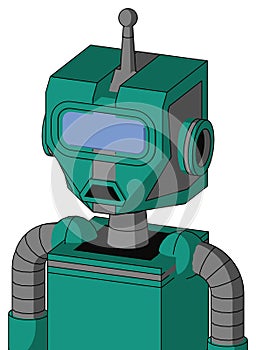 Green Automaton With Mechanical Head And Sad Mouth And Large Blue Visor Eye And Single Antenna