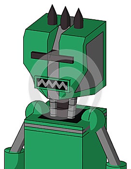 Green Automaton With Mechanical Head And Square Mouth And Black Visor Cyclops And Three Dark Spikes