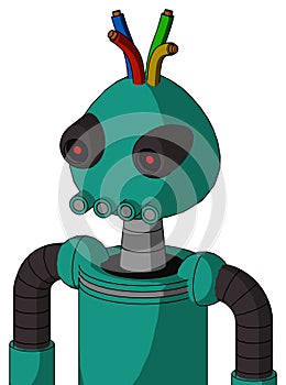 Green Automaton With Rounded Head And Pipes Mouth And Black Glowing Red Eyes And Wire Hair