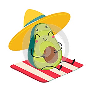 Green Avocado as Summer Fruit Character in Hat Sunbathing on Beach Enjoying Vacation and Having Fun Vector Illustration