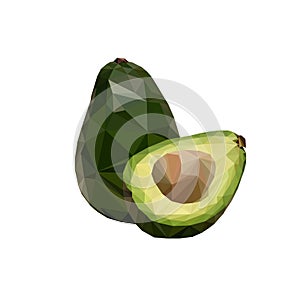 Green avocado drawn in triangulation style on a white background. Design for decor, still life, food advertising, websites, cafes