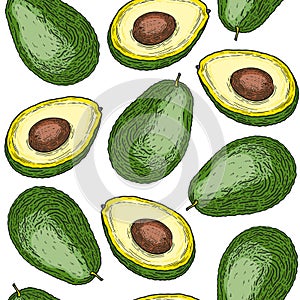 Green avocado fruits background design. Seamless healthy vegan food pattern. Colored flat vector illustration for textile,