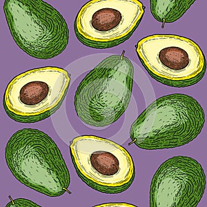 Green avocado fruits background design. Seamless healthy vegan food pattern. Colored flat vector illustration for textile,