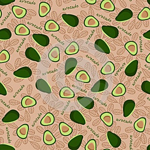 Green avocado halves with leaves on background vector pattern