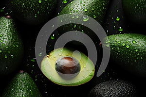Green Avocadoes Droplets Standing On Matte Black Background Panoramic Banner