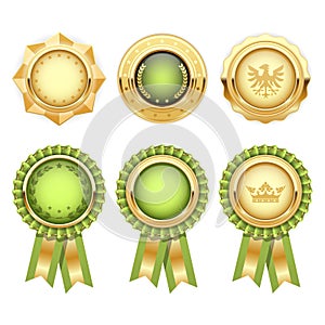 Green award rosettes with gold heraldic medal photo