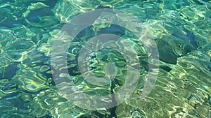 Green azure turquoise blue transparent sea salt water texture. Slow motion. Water surface and ripples. Water sea waves