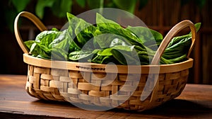 Green baby spinach heap in vintage trug basket