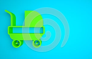 Green Baby stroller icon isolated on blue background. Baby carriage, buggy, pram, stroller, wheel. Minimalism concept