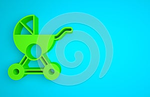 Green Baby stroller icon isolated on blue background. Baby carriage, buggy, pram, stroller, wheel. Minimalism concept