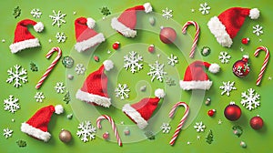 A green background with a bunch of red and white hats and candy canes