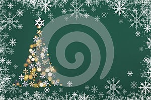 Green background with Christmas tree,  white snowflakes borders and yellow lights