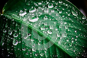 Green background. Close up of water drops on green leave. selective focus water drops on green leave after the rain