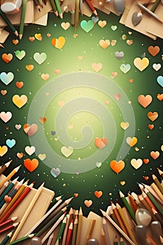 Green background, crayons and cards, colorful hearts in the middle. New Year\'s party and celebra