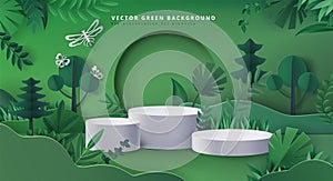 Green background. Eco tree garden with product podium, environment or recycle landscape, plant leaf. Presentation