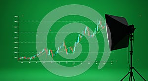 A green background features a financial chart with fluctuating candlestick patterns