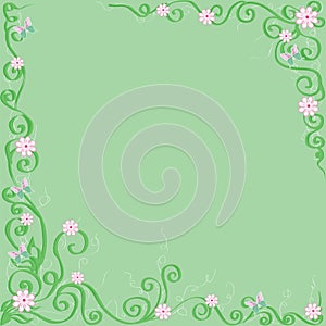 Green background with flowers and butterflies.