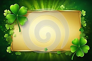 Green background with a gold frame with sun rays and shamrocks