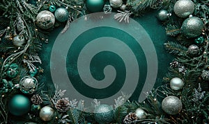 A green background with a large circle of Christmas decorations