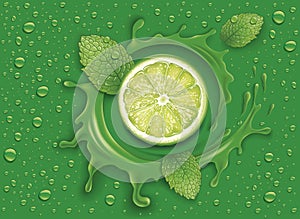 Green background with many drops, mint leaf and lime slice
