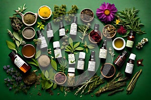 green background, natural cures, herbal remedies, and tea blends are displayed Generated Ai