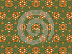 A green background with orange floral and triangular geometric pattern.